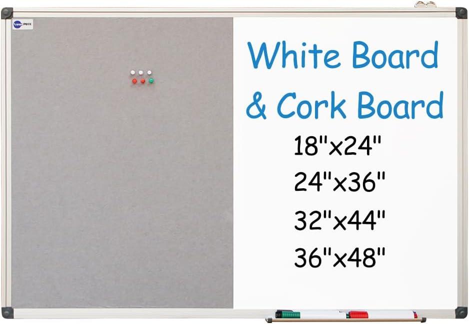 White Board and Cork Board Combo - 36 x 24 Inches Large Dry Erase Whiteboard and Bulletin Board, Magnetic Wall Pin Display Board for Home, Classroom & Office, 24"x36" Grey