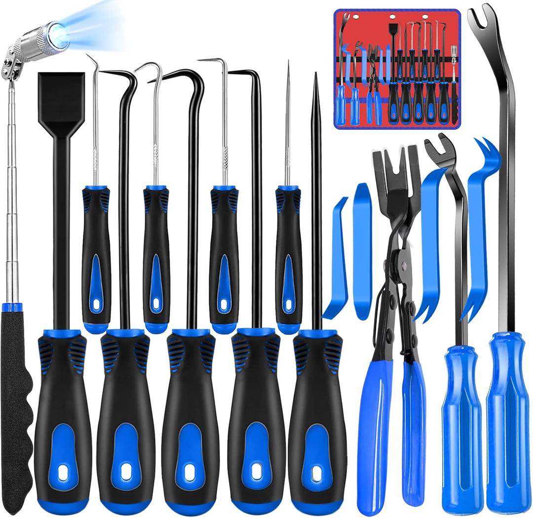 Keze 17 Pcs Hook and Pick Set Auto Trim Removal Tool Kit, Clip Plier Remover Tool Gasket Scraper Telescoping Magnetic Pickup Tool for Automotive Repair and Car Body Door Panel Fastener Removal