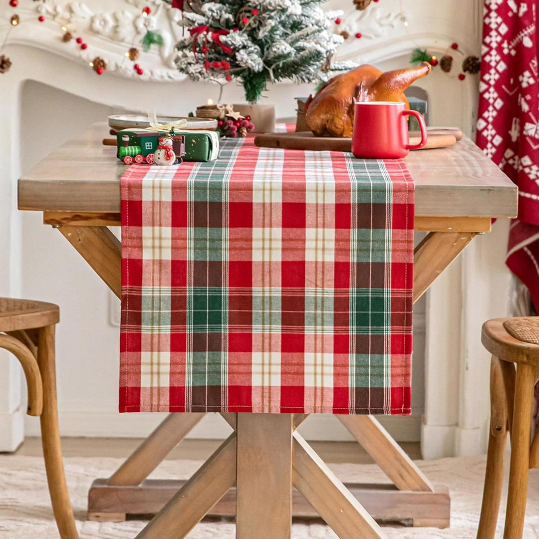 Red Gold Plaid Christmas Table Runner, Winter Holiday Table Runners 108 inches Long, Xmas Decorations Indoor Outdoor Farmhouse Home Kitchen Dining Party Decor