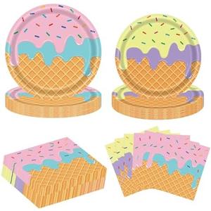 Lousuip 96PCS Ice Cream Plates and Napkins Party Supplies Ice Cream Disposable Paper Plates Napkins Tableware Set for Birthday Baby Shower Sweet Summer Ice Party, Serve 48 Guests