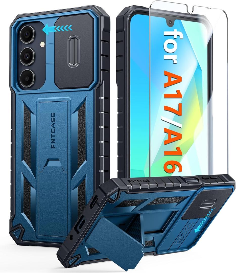 FNTCASE for Galaxy A17/A16-5G Case: Samsung A17 5G Military-Grade Dropproof Phone Cover with Kickstand & Slide Camera Cover | Protective Heavy Duty Rugged Phone Case Bumper Textured Protector (Blue)
