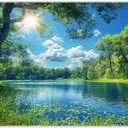Fabric 7x5ft Lake Natural Scenery Backdrop River Forest Tree Blue Sky Bokeh Background Picnic Camping Hiking Spring Outdoor Party Decorations Photoshoot Banner Props