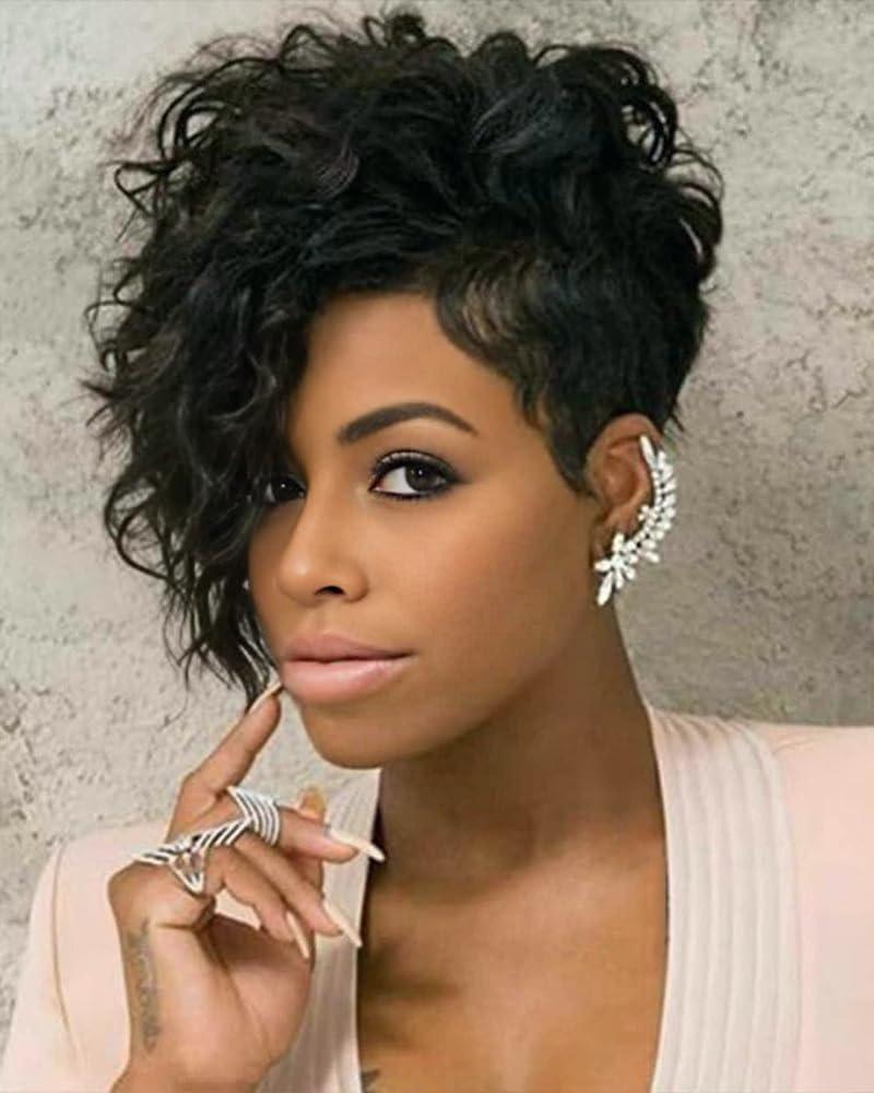 SEVENCOLORS Short Curly Pixie Wigs for Black Women Natural Looking Black Wavy Wigs with Side Bangs Synthetic Short Hair Asymmetrical Wig