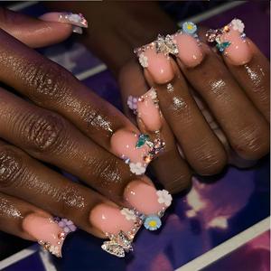 Duck Press on Nails Short Fake Nails Sparkly False Nails with 3D Flower Butterfly Designs Luxury Nail Press ons Glossy Acrylic Artificial Nails for Women 24Pcs (Duckbill Style-Z4Z41)