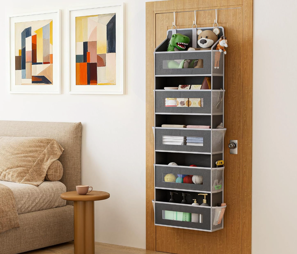 Packs 5-Tier Over the Door Organizer with 10 Side Mesh Pockets, 48 lbs Load Capacity, 3 Hooks Design, Hanging Storage Organizer with Clear Windows for Bathroom, Bedroom, Nursery, Kitchen-Grey