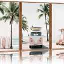 KYLESONLIE Tropical Beach Themed Framed Canvas Wall Art, Pastel Girly Surfboard Wall Decor, Relaxing Hawaii Palm Tree Posters, Coastal Beachy Art Paintings for Girls Bedroom Living Room Dorm 16"x24"x3