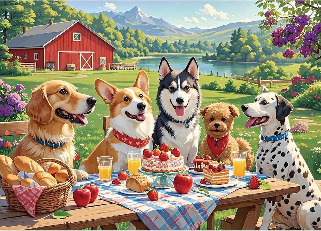 Puzzles for Adults 1000 Pieces - Dog-Themed Colorful Jigsaw Puzzles, Fun Family Game, Challenging Brain Teaser, 28 x 20 in, Great Gift Idea & Home Decor (Puppy Picnic)