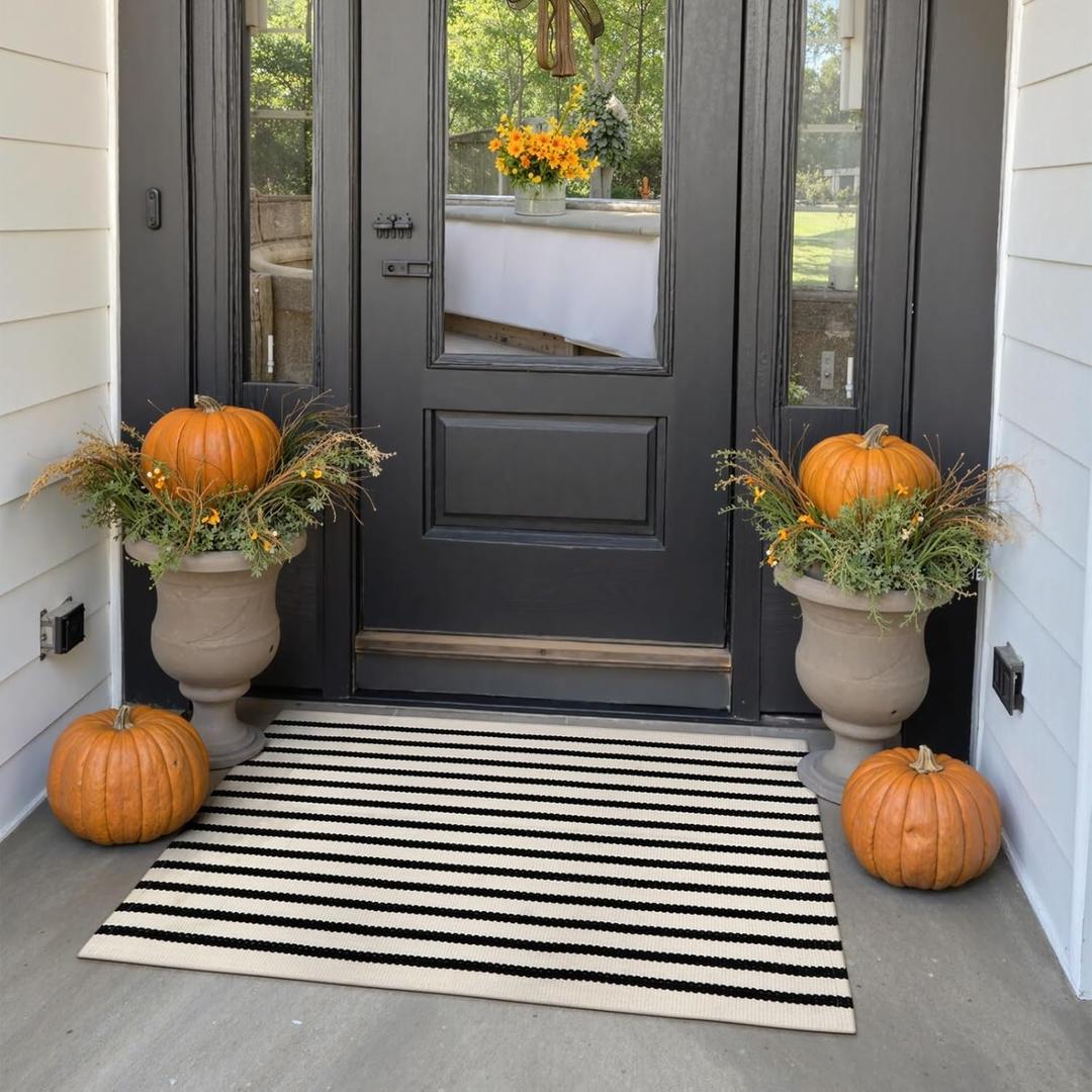 Collive Black and White Striped Fall Door Mat 24"x35", Cotton Hand Woven Welcome Entryway Rug,Washable Small Porch Autumn Decor, Welcome Door Mat for Indoor Outdoor Kitchen Farmhouse Entrance