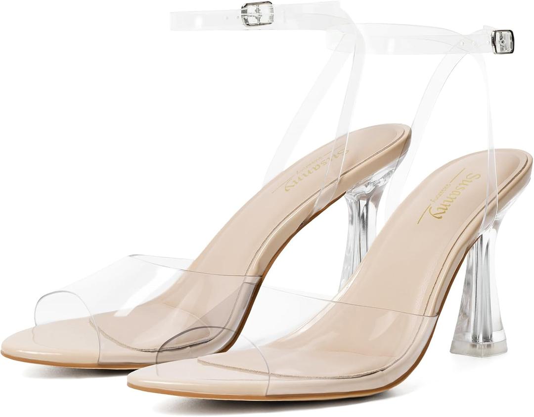 Susanny High Heels for Women Pointed Open Toe Strappy Chunky Block Heels Ankle Strap Stiletto Kitten Heeled Sandals Wedding Bridal Party Prom Sexy Dress Shoes 6.5