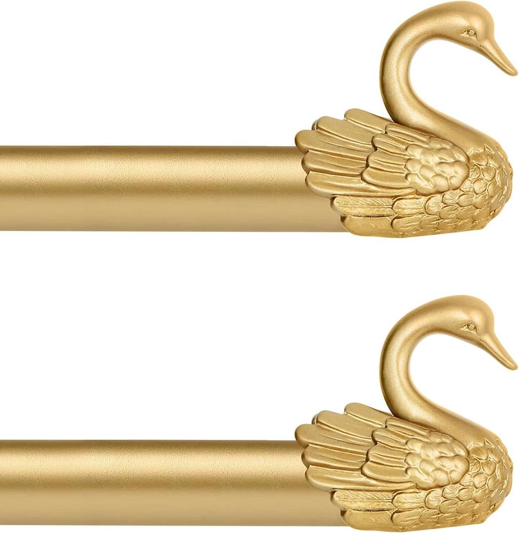 2 Pack Gold Curtain Rods 48 to 84 Inch,1 Inch Heavy Duty Curtain Rods with Brackets,Adjustable Curtain Rod Set,Decorative Swan Finials Drapery Pole,Single Rod for Bedroom 36-88",Brass Gold
