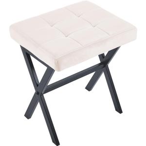 White Velvet Makeup Vanity Stool with Metal Legs, 18 inch High Ottoman Footrest for Living Room Bedroom Entryway Office