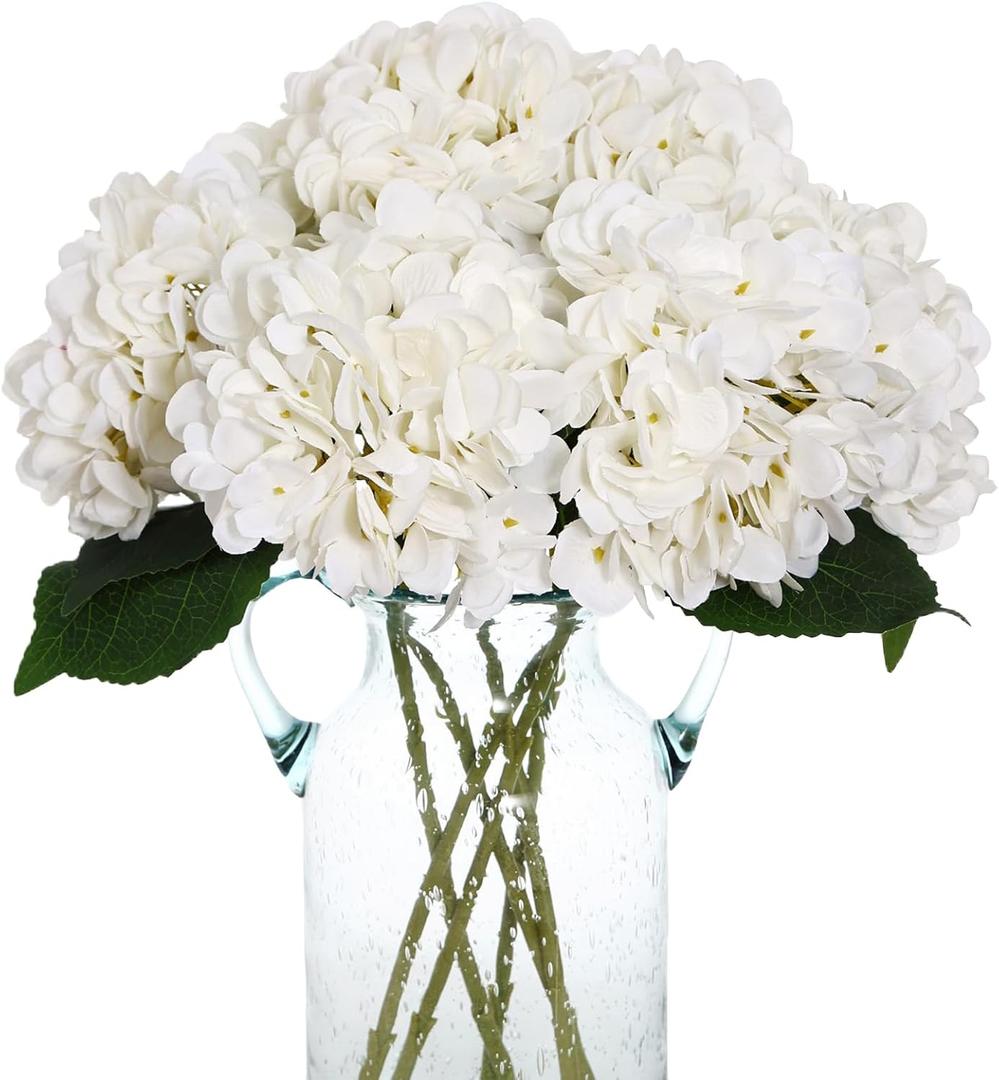 Kimura's Cabin 6pcs Fake White Flowers Artificial Silk Hydrangea Flowers Bouquets Faux Hydrangea Stems for Home Table Centerpieces Wedding Party Decoration (White)