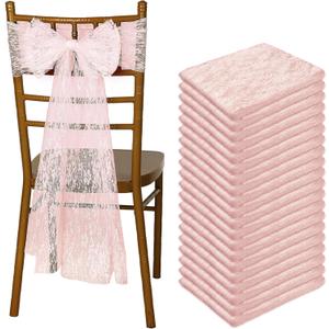 VitalCozy 50 Pcs Vintage Chair Sashes Embroidered Boho Bows Rustic Floral Chair Ties for Wedding Bridal Shower Baby Shower Birthday Party Table Decoration, 7 x 108 Inches(Lace,Pink)
