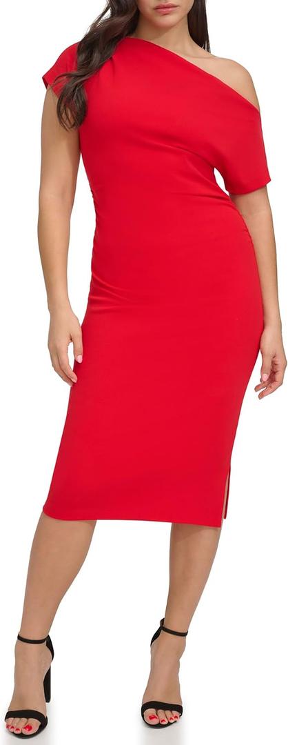 Siena Womens Scuba Stretch Off The Shoulder Midi Dress (0, Red)