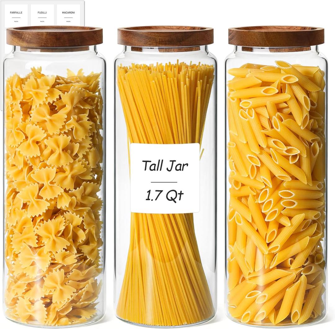 ComSaf 3Pcs (1.7Qt) Airtight Glass Pasta Storage Containers with Acacia Wood Lids, Tall Pantry Storage Container for Organizing Spaghetti and Pasta, Thick Glass Spaghetti Container with Pasta Labels