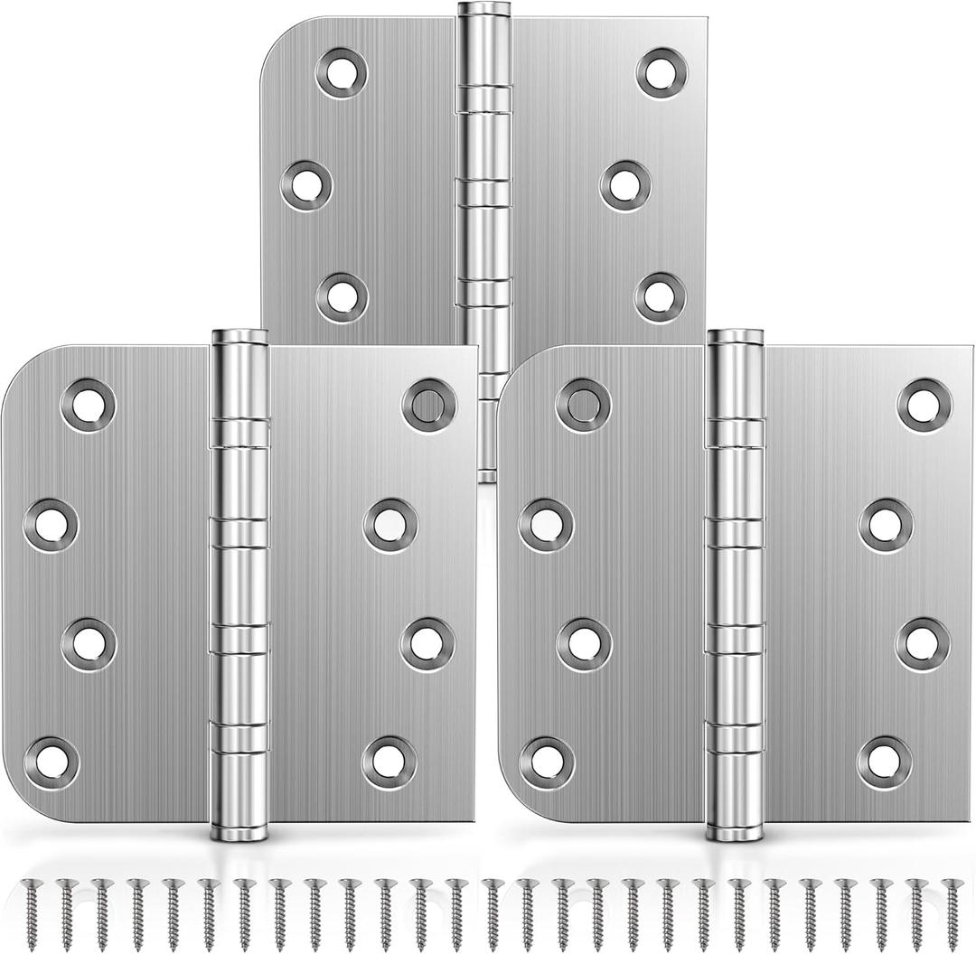 KOLET Ball Bearing Door Hinges, 4 x 4 Inches Door Hinges, Square and 5/8'' Radius Corner, Heavy Duty Stainless Steel Hinges, Smooth and Quiet, Non Removable Pin, Brushed Nickel, 3 Pack