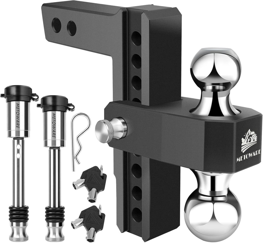 METOWARE Adjustable Drop Hitch - Aluminum Tow Hitch Fits 2-Inch Receiver - Heavy Duty Trailer Hitch with 8-Inch Drop/Rise for Truck (12,500 LBS GTW), Double Anti-Theft Stainless Steel Pin Locks(Black)