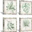 Green Leaves Wooden Wall Art: Rustic Wood Prints Pictures Palm Tree Leaf Simple Life Painting Framed for Bathroom Wall Decor 16 x 16" x 4pcs