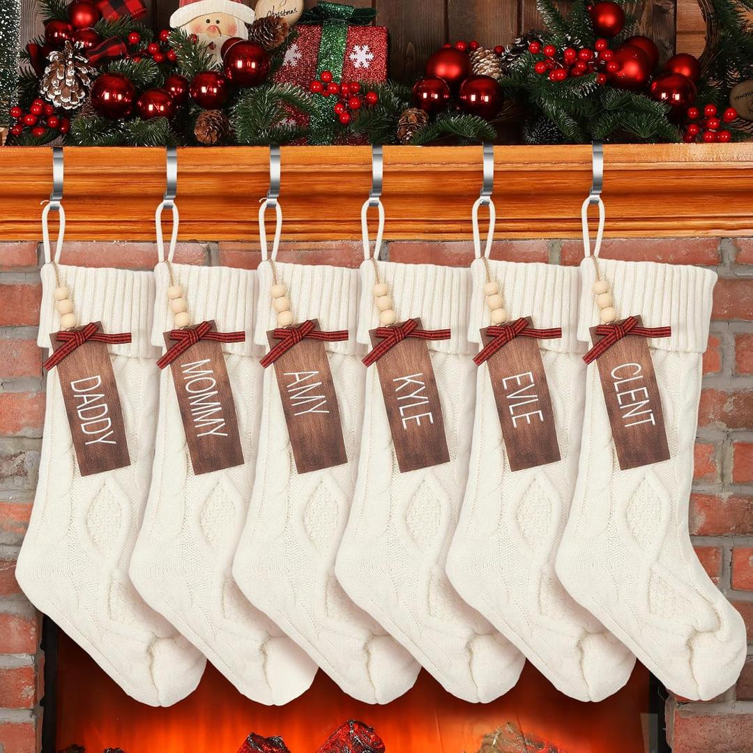 Zubebe 6 Sets Christmas Stockings 18 in Large Xmas Knitted Stockings Kit Knit Xmas Stocking Metal Stocking Holder Name Tags with Pen for Family Holiday Party Fireplace Mantel Decor(White)