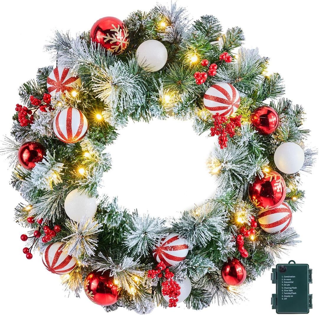 Pre-Lit Artificial Christmas Wreath 24Inch, Christmas Door Decorations Wreath with 50LED Warm Lights, Christmas Balls, Pine Needles, and Red Berries for Front Door Wall Windows X-mas Ornament
