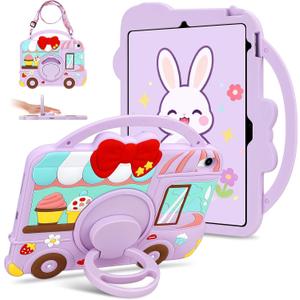 for iPad 10th Generation Case 10.9 inch 2022 for iPad A16 11th Generation Case 2025 Purple with 3D Dessert Ice-Cream Cart Design Shoulder Strap 360 & 180 Degree Kickstand Shockproof Protective Cover