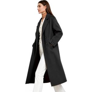 Women's Fall Long Wool Pea Coat,Blended Classy Double Breasted Trench Jacket,Winter Dress Overcoat,Lightweight (X-Large-3X-Large Plus, Black)