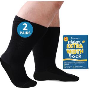Powbrace 2 Pairs Wide Diabetic Socks for Men Women Plus Size,Lymphedema Socks,Socks for Swollen Feet and Ankles,Edema Socks,Loose Fit Socks,Non-Binding Socks,Bariatric Socks,Hospital Cast Socks-All Black