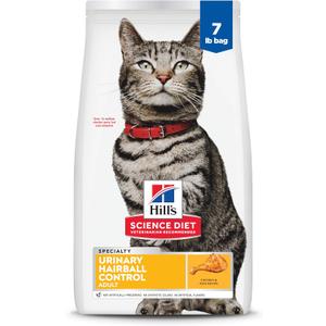 Hill's Science Diet Urinary Hairball Control, Adult 1-6, Urinary Track Health & Hairball Control Support, Dry Cat Food, Chicken Recipe, 7 lb Bag