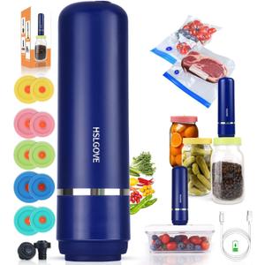 HSLGOVE Vacuum Sealer, Handheld Electric Mason Jar Vacuum Sealer Kit, Portable Food Sealer for Canning & Meal Storage, Includes 5 Reusable Bags, 10 Jar Lids & 2 Wine Sealers MatteBlue