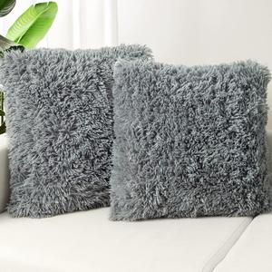 TOONOW Set of 2 Decorative Throw Pillow Covers 20x20, Gray Fluffy Pillow Covers New Luxury Faux Fur Square Sofa Pillow Covers for Sofa Couch Living Room Bedroom, No Pillow Insert (Grey)