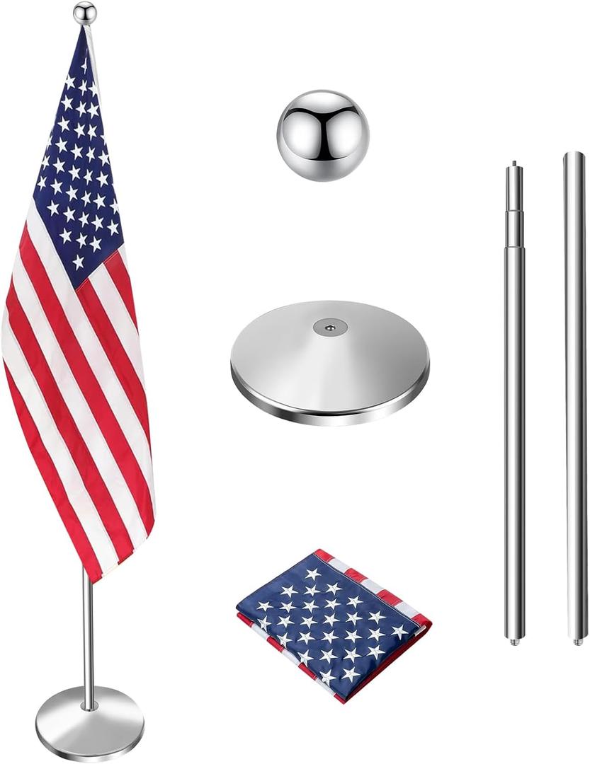 Indoor Flag Pole Kit with Weighted & Thickened Base 6-8FT,Stainless Steel Commercial Indoor Flagpole for Office School City Hall,Heavy Duty Indoor Telescoping Flag Pole,Silver 1 Pack