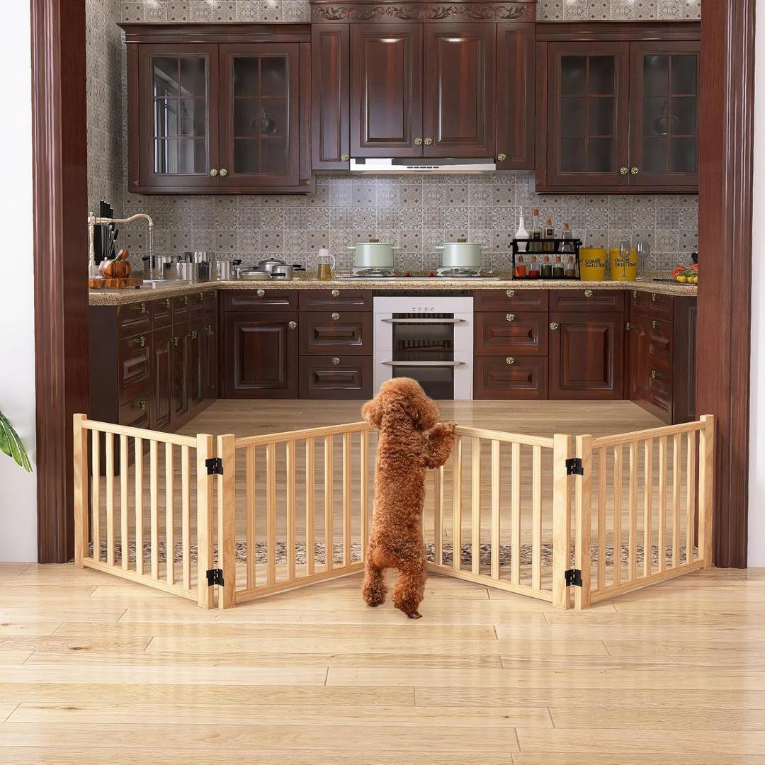 YOCAN Paint-Free Wooden Freestanding Dog Gates for The House,Doorways, Stairs,Wood Dog Fences Indoor Pet Gate,Step Over Fence-4 Panel H:16.9"