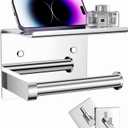 Tindbea Toilet Paper Holder with Phone Shelf + Towel Robe Hooks, Adhesive or Screw Wall Mounted Toilet Paper Roll Storage, Stainless Steel Bathroom Tissue Roll Holder (Polished Chrome) (Regular)