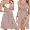 SWOMOG Women Maternity Nursing Gown and Robe Set 3 in 1 Labor Delivery Nursing Nightgown for Breastfeeding Hospital Bathrobe, Light Brown Large