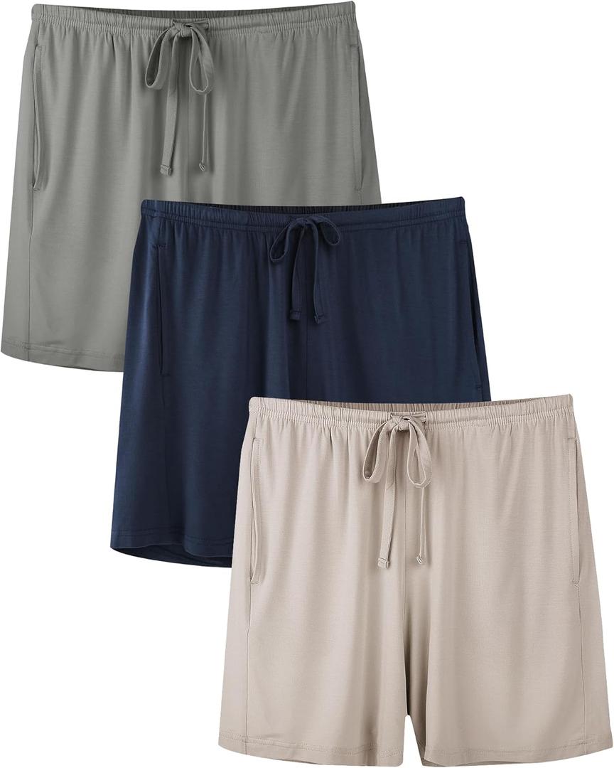 BAMBOO COOL Womens Pajama Shorts Comfy Lounge Shorts Drawstring Pj Pants Sleep Shorts with Pockets 3 Pack (Large, Shortsb-grey+navy Blue+khaki (3-pack))