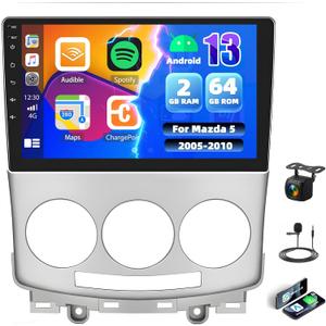2G+64G Android 13 Car Stereo Radio for Mazda 5 2005-2010,Wireless CarPlay&Android Auto GPS Navigation, 9 HD Touchscreen Bluetooth with Mirror Link 28UI WiFi/FM/RDS/SWC+Backup Camera&Mic