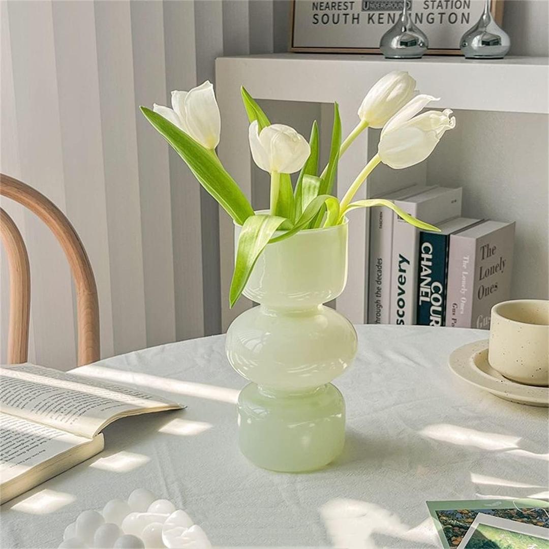 JSPYFITS Glass Hydroponic Flower Vase, 7 Inches Colored Bubble Vase for Flowers, Three-Layer Funky Vase for Home/Office/Weddings/Party Table Flowers Decor, Milky Green