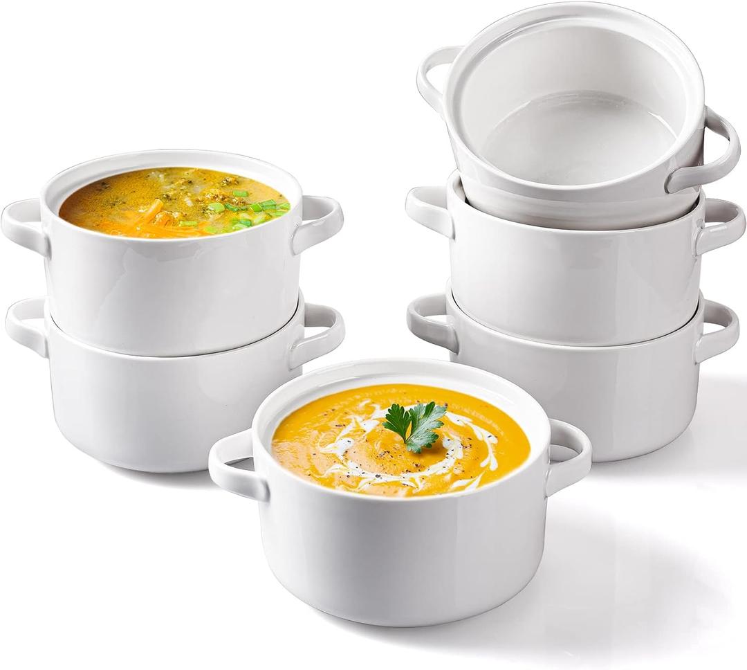 DELLING 6 Pack Soup Bowls with Handles, 24 Oz Large Serving Soup Bowl Set, Ceramic Soup Crocks for French Onion Soup, Cereal, Chilli, Stew, Microwave and Oven Safe, White