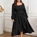 SCOMCHIC Women Plus Size Cocktail Dress Formal Long Sleeve Wedding Guest Smocked High Low Ruffle Dress with Belted (XX-Large Plus, Black)