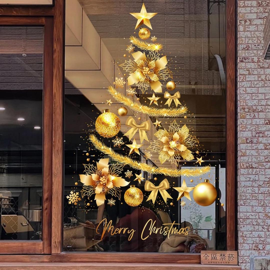 Large Gold Christmas Tree Window Clings Stickers for Glass Whole Large Xmas Stickers New Years Decals DIY Static Wall Window Door Mural Showcase Decal Sticker-15.7 * 23.6 in (1 Pack) (Xmas Tree-01)
