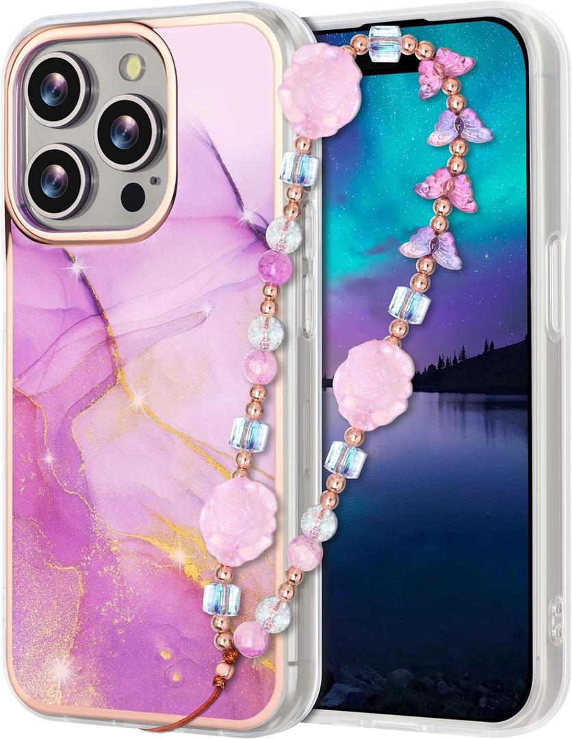 Compatible with iPhone 16 Pro Max Case for Women Girls, Girly Cute Phone Case for iPhone 16 Pro Max with Flower Phone Charm Lanyard, Shockproof Hard Protective Case 6.7 Inch Purple Marble
