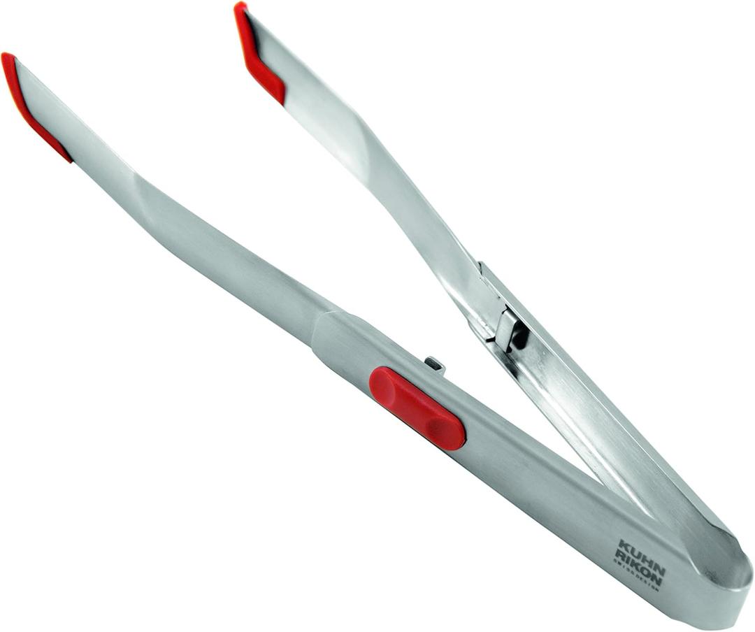 Kuhn Rikon Soft Stainless Steel SoftEdge Tweezer Tongs with Silicone Edge, Red, Locking