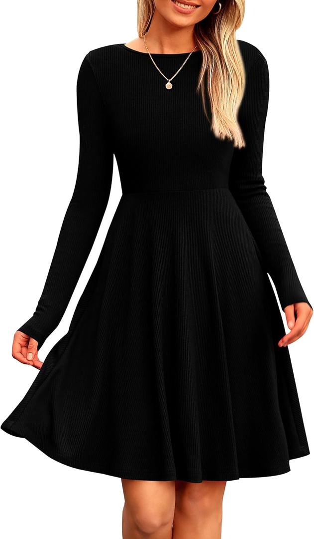 PRETTYGARDEN Women's Spring Fall Short Dress Ribbed Knit Crewneck Long Sleeve A Line Flowy Casual Elegant Going Out Dresses XL