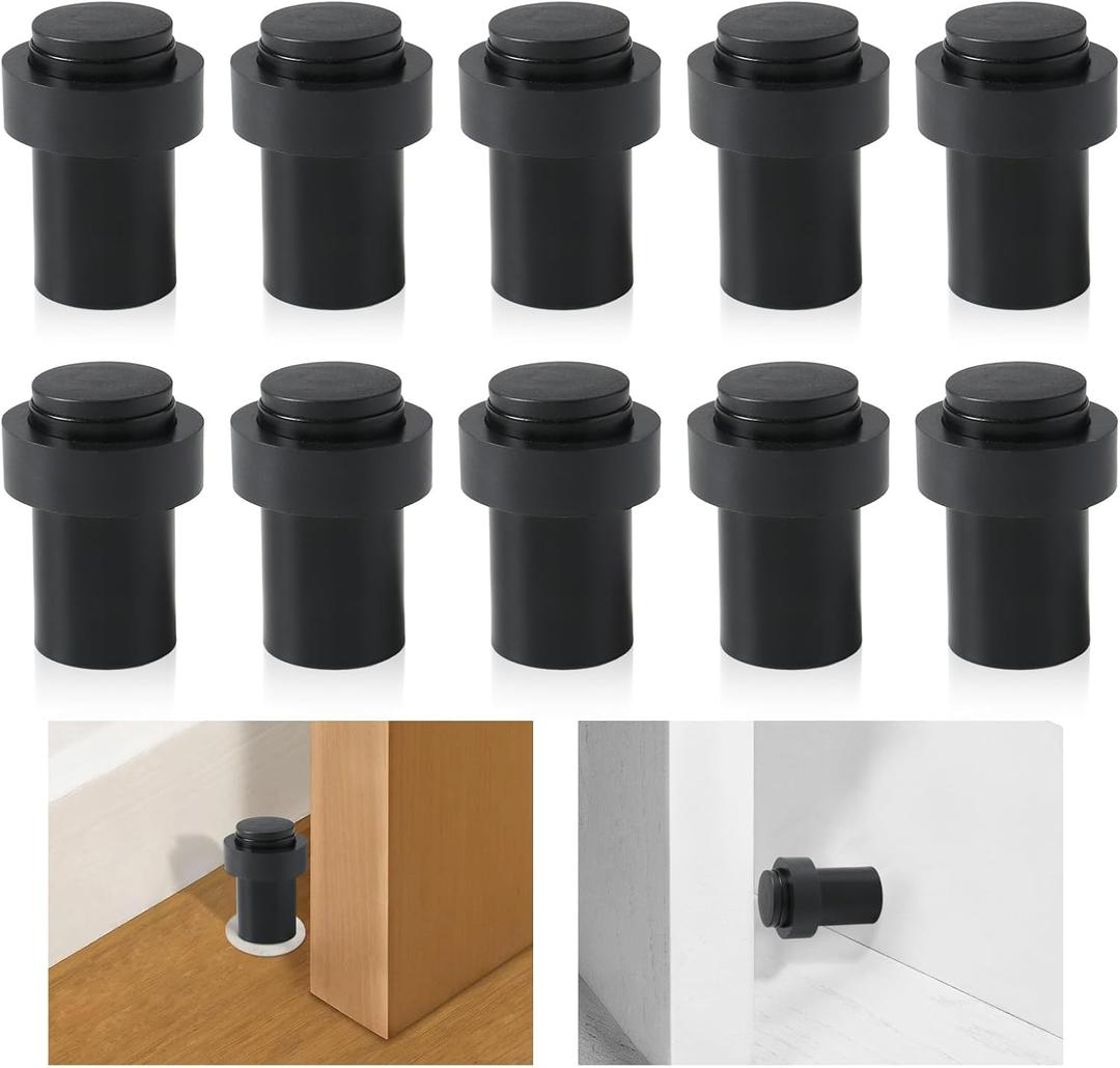 10 Pack Black Door Stoppers - Stainless Steel Cylindrical Floor Stopper With Rubber Bumper - Modern Home Decorative Wall Protector for Bottom or Top of Door