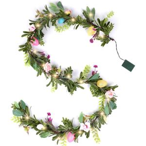 LOAVER 6 FT Lighted Easter Garland,Artificial Garland with 8 Colored Eggs and Flower Faux Branches for Easter Party Holiday Home Indoor Fireplace Decoration