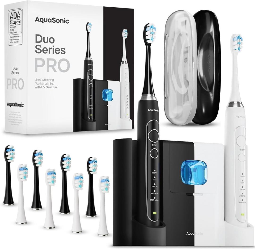 Aquasonic Duo PRO  Ultra Whitening 40,000 VPM Electric ToothBrushes  ADA Accepted - 5 Modes with Smart Timers - UV Sanitizing & Wireless Charging Base - 10 Proflex Brush Heads & 2 Travel Cases (1 Count (Pack of 1), White and Black)