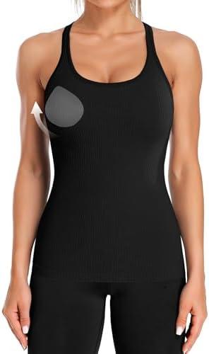 ATTRACO Ribflex Ribbed Workout Tank Tops for Women with Built in Bra Tight Racerback Scoop Neck Athletic Top, L