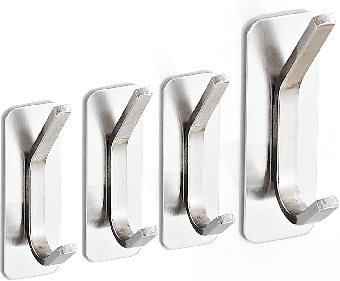 Adhesive Towel Hooks 4 Pack Stainless Steel Robe Coat Hooks for Hanging Versatile Wall Hooks for Bathroom, Kitchen, Office, School Silver Shower Sticky Hook Hanger