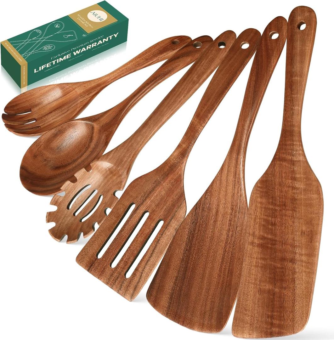 AIUHI Wooden Spoons for Cooking, 6Piece Wooden Cooking Utensils, Nonstick Kitchen Cooking Spatulas, Durbale & Sturdy, Heat Resistant, Comfortable Grip