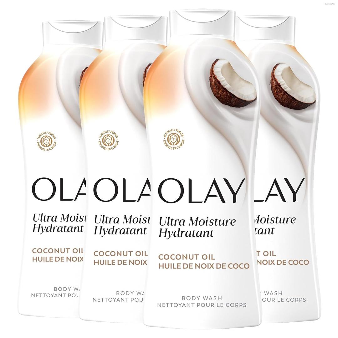 Olay Body Wash for Women, Ultra Moisture, 24hr Moisturizing, Hydrating & Refreshing, B3 Vitamin Complex, Free of Parabens & Phthalates, For All Skin Types, Coconut Oil Scent, 22 fl oz (Pack of 4)